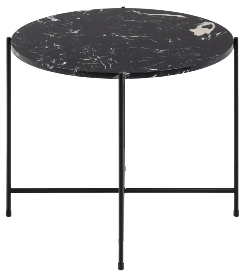 Bijzettafel Zwart 52 CM Rond Kunststof: ronde salontafel met een zwart kunststof blad en wit marmerpatroon, ondersteund door een minimalistisch zwart metalen frame met vier poten en kruisverbindingen.