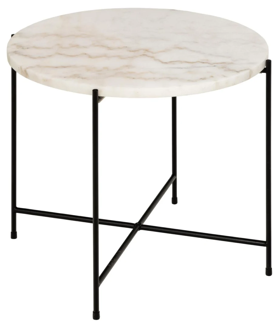 Bijzettafel Zwart, Wit 52 CM Rond is een ronde bijzettafel van kunststof met een wit blad en dunne zwarte poten die met elkaar verbonden zijn door dwarsbalken.