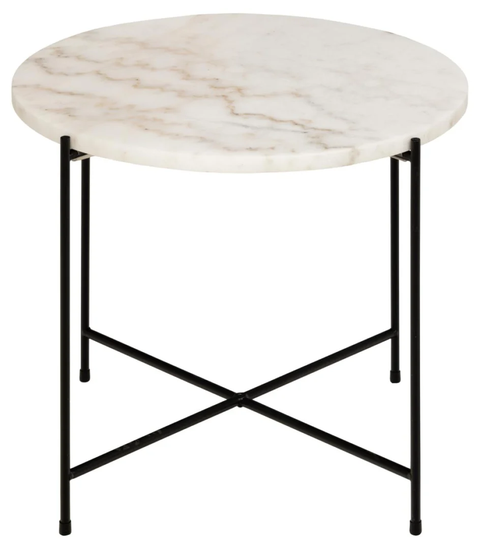 De Bijzettafel Zwart, Wit 52 CM Rond is een ronde bijzettafel van wit kunststof met een zwart metalen X-vormig kruisvoet voor ondersteuning.