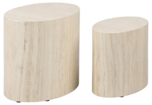 Twee beige, ovale Salontafel accenttafels (33 x 40 cm) van kunststof staan naast elkaar tegen een witte achtergrond.