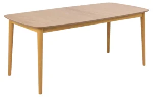 De Eettafel Nieuwe Sfeer is een 219 x 90 cm rechthoekige eettafel gemaakt van eikenhout, met afgeronde hoeken, een gladde lichthouten afwerking en vier taps toelopende poten.