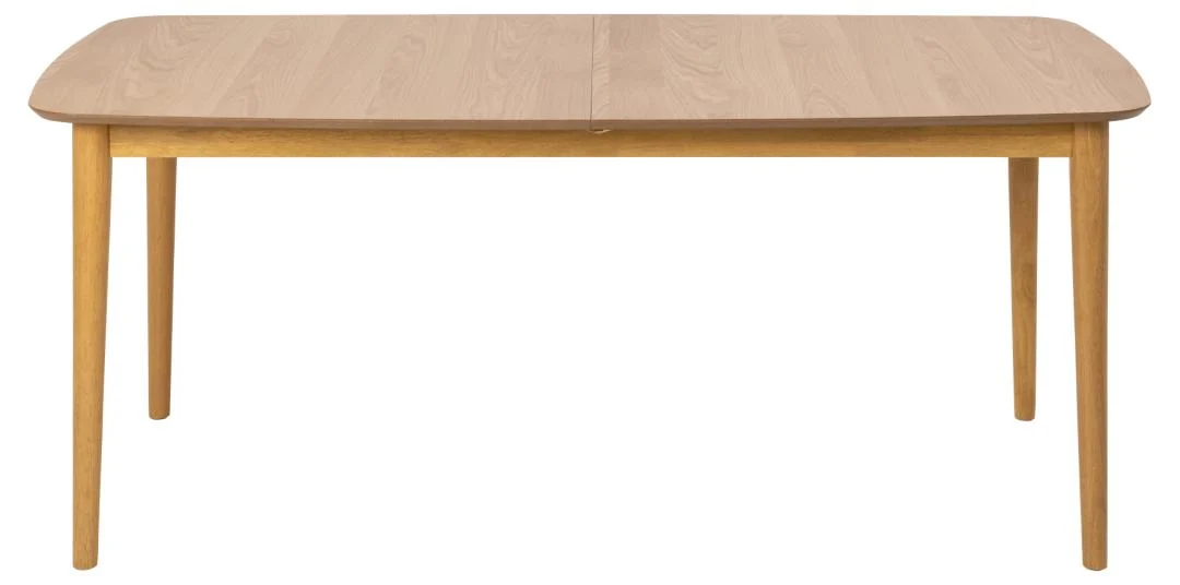 De Eettafel Nieuwe Sfeer is een rechthoekige eiken eettafel (219 x 90 cm) met afgeronde hoeken en vier rechte poten, tegen een witte achtergrond.