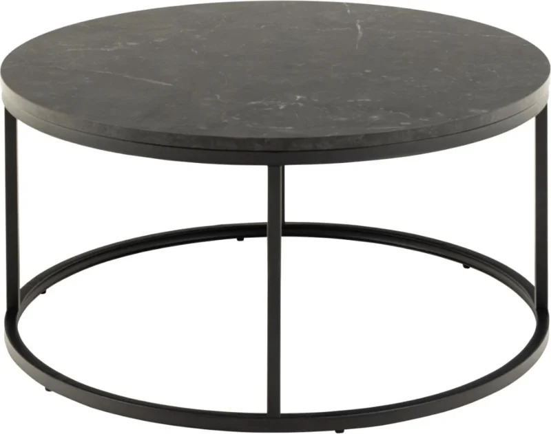 De Salontafel Zwart 80 CM is een ronde zwarte industriële salontafel met een glad, donker blad en een minimalistisch metalen onderstel, afgebeeld in een hoek tegen een witte achtergrond.