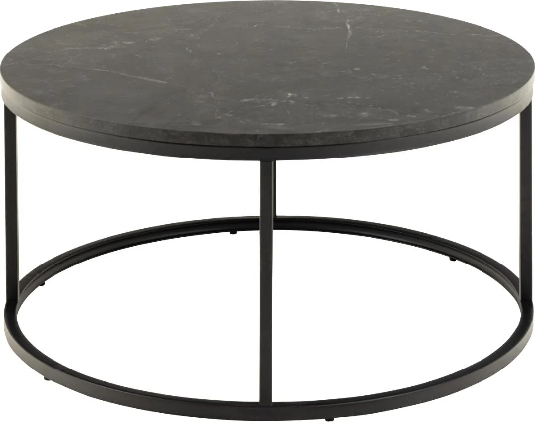 De Salontafel Zwart 80 CM is een ronde zwarte industriële salontafel met een glad, donker blad en een minimalistisch metalen onderstel, afgebeeld in een hoek tegen een witte achtergrond.