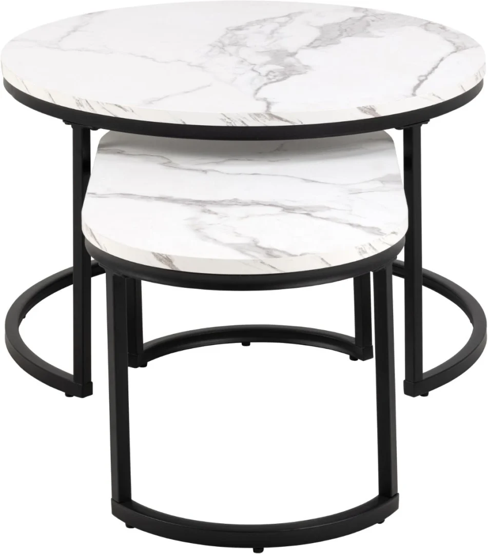De Salontafel Zwart, Wit 70 x 42 CM Rond is een set van twee ronde nesttafels met witte bladen en zwarte frames. De kleinere tafel is gemaakt van kunststof en past gedeeltelijk onder de grotere voor een moderne, minimalistische look.