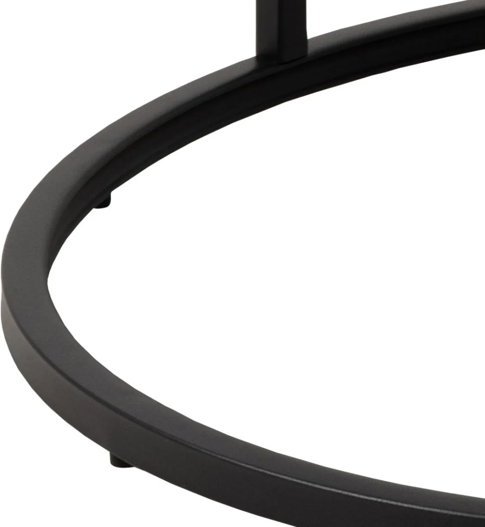 Een close-up van de Salontafel Zwart, Wit 70 x 42 CM Rond, met een cirkelvormig zwart kunststof frame dat waarschijnlijk als basis dient voor deze stijlvolle ronde tafel, tegen een effen witte achtergrond.