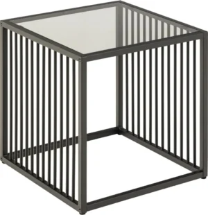 De Bijzettafel Grijs, Roest is een moderne vierkante bijzettafel (40x40 cm) van staal, met een grijze afwerking en verticale spijlen aan alle vier de zijden.
