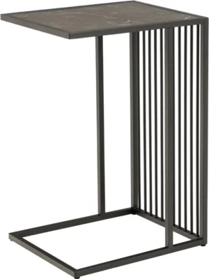 De Bijzettafel Zwart 35 CM Rechthoek Staal is een minimalistische, geometrische bijzettafel met een zwart metalen frame, open vierkant onderstel, verticale spijlen aan één kant en een plat donker rechthoekig blad.