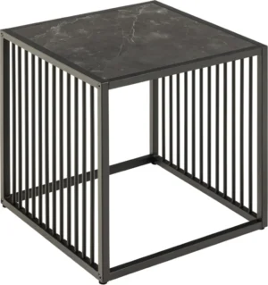 De Bijzettafel Zwart 40 x 40 CM Vierkant heeft een matzwart stalen, open kooi-achtig frame met verticale spijlen en een modern zwart marmeren blad.