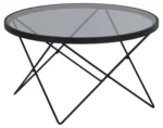 De Salontafel Zwart, Grijs 80 CM Rond Staal is een ronde glazen salontafel met een slank zwart stalen frame en kriskras geometrische poten.
