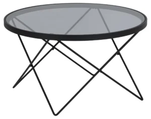 De Salontafel Zwart, Grijs 80 CM Rond Staal is een ronde glazen salontafel met een slank zwart stalen frame en kriskras geometrische poten.