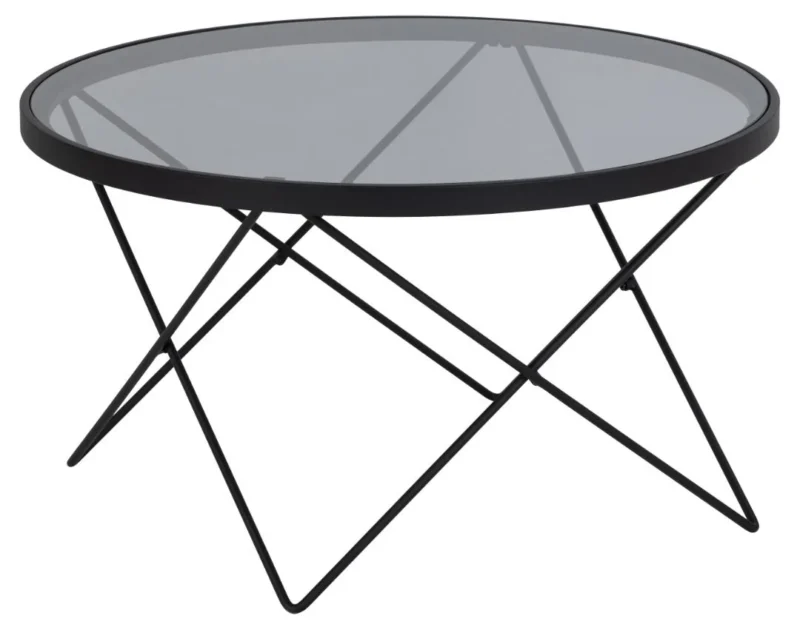De Salontafel Zwart, Grijs 80 CM Rond Staal is een ronde glazen salontafel met een slank zwart stalen frame en kriskras geometrische poten.
