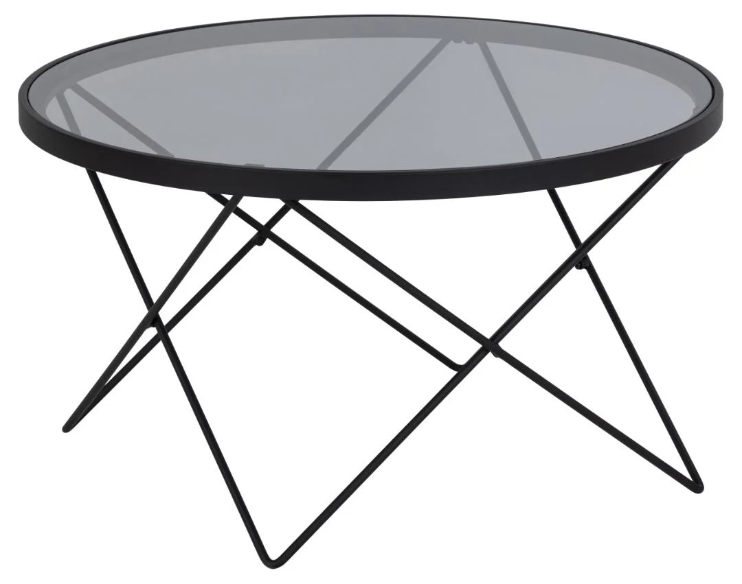 De Salontafel Zwart, Grijs 80 CM Rond Staal is een ronde glazen salontafel met een slank zwart stalen frame en kriskras geometrische poten.