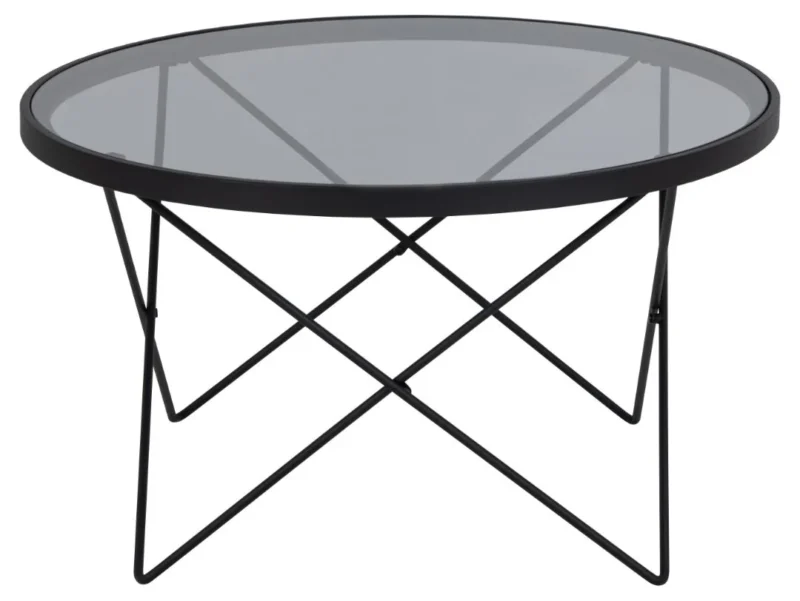 De Salontafel Zwart, Grijs 80 CM Rond Staal heeft een rond glazen blad en een slank zwart stalen frame. De geometrische metalen poten geven de salontafel een moderne, minimalistische uitstraling - perfect voor moderne ruimtes.