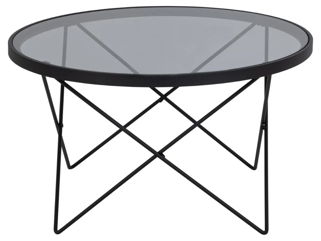 De Salontafel Zwart, Grijs 80 CM Rond Staal heeft een rond glazen blad en een slank zwart stalen frame. De geometrische metalen poten geven de salontafel een moderne, minimalistische uitstraling - perfect voor moderne ruimtes.