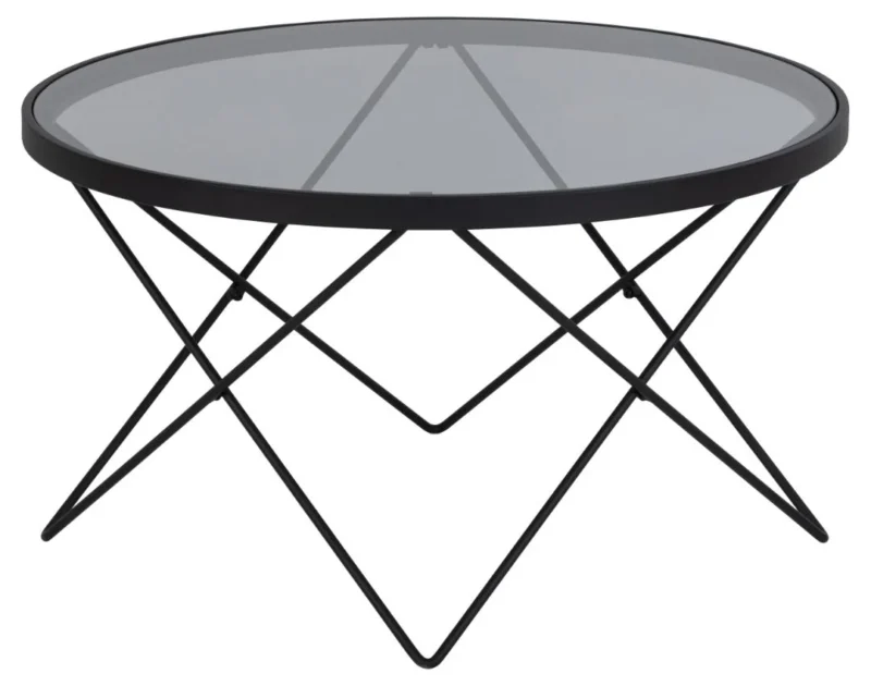 De Salontafel Zwart, Grijs 80 CM Rond Staal is een ronde glazen salontafel met een zwart stalen frame en kruisende geometrische draadpoten.