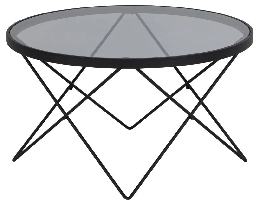 De Salontafel Zwart, Grijs 80 CM Rond Staal is een ronde glazen salontafel met een zwart stalen frame en kruisende geometrische draadpoten.