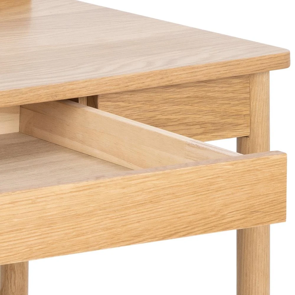 Detailopname: Kantoorbureau 110x50 eiken fineer met compacte lade.