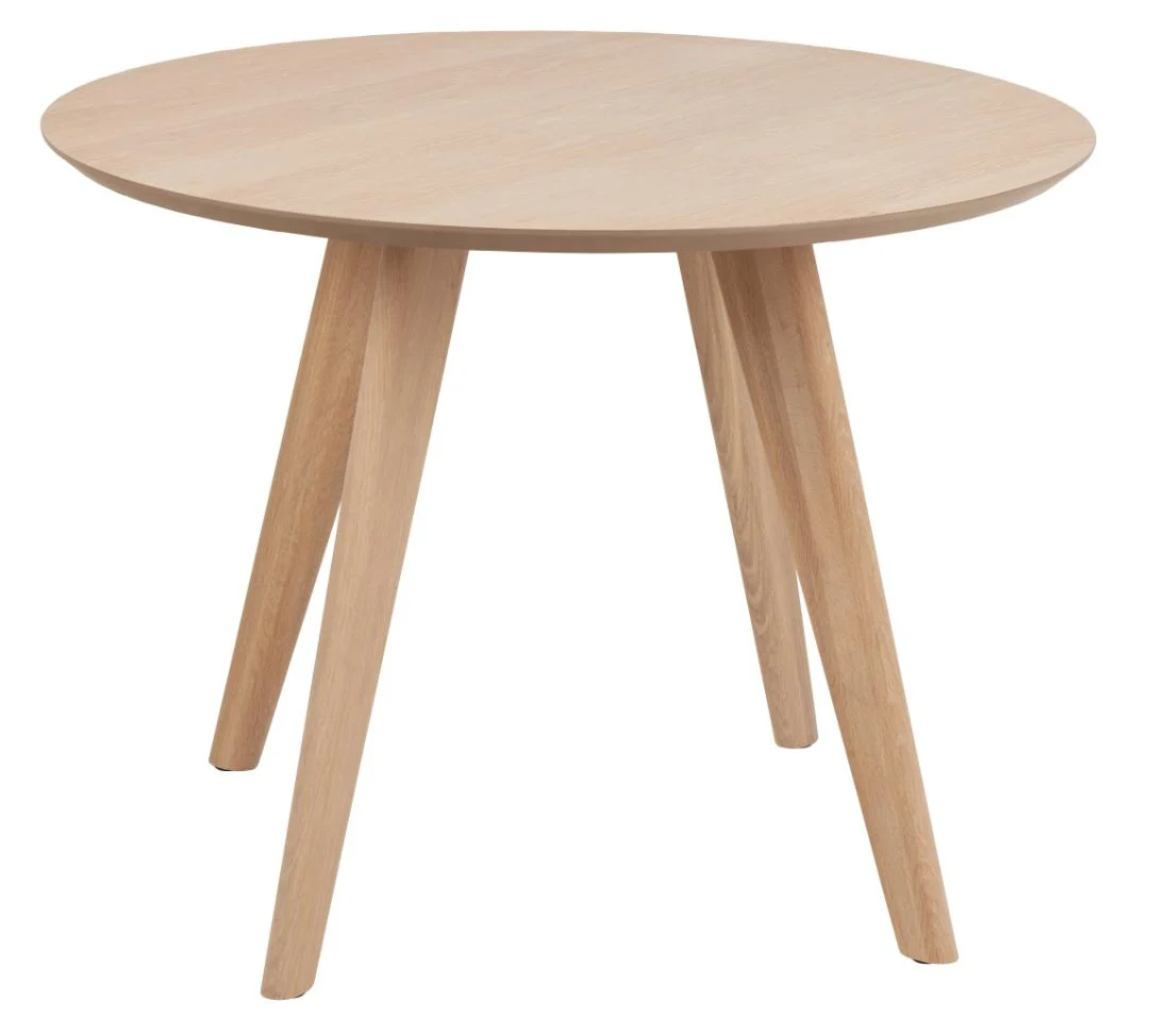 De Eettafel Townsville is een kleine, ronde eettafel, 100 cm in diameter, gemaakt van eikenhout met een lichte natuurlijke afwerking en vier schuine poten.