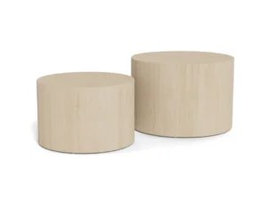 Twee ronde Salontafel Beige, Roest tafels gemaakt van kunststof, elk 40 cm in diameter maar verschillende hoogtes, staan naast elkaar op een witte achtergrond.
