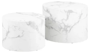 Een paar Salontafels Wit 40 CM Rond Kunststof, beide rond en wit, staan naast elkaar op een witte achtergrond.