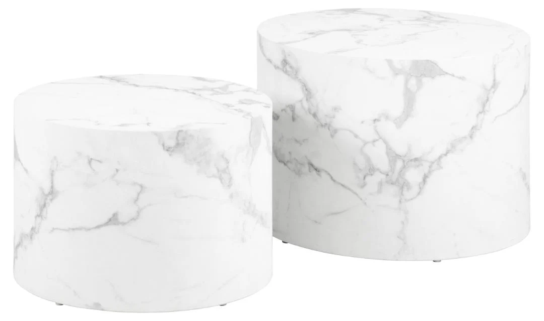 Een paar Salontafels Wit 40 CM Rond Kunststof, beide rond en wit, staan naast elkaar op een witte achtergrond.