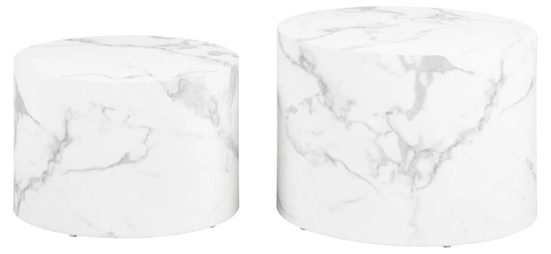Twee ronde, witte Salontafels Wit 40 CM Rond Kunststof met een marmeren patroon, de ene hoger en groter dan de andere, beide met gladde cilindrische vormen en naast elkaar geplaatst tegen een witte achtergrond.