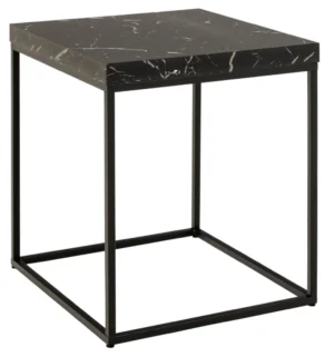 De Salontafel Zwart 40 x 45 CM Vierkant is een moderne vierkante bijzettafel met een zwart kunststof blad in marmerlook en een minimalistisch zwart metalen open kubusframe.