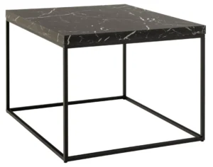 De Salontafel Zwart 60 x 60 CM Vierkant heeft een modern vierkant ontwerp met een zwart marmeren blad met witte adering, op een dun zwart metalen frame in een open kubusvorm gemaakt van duurzaam kunststof.