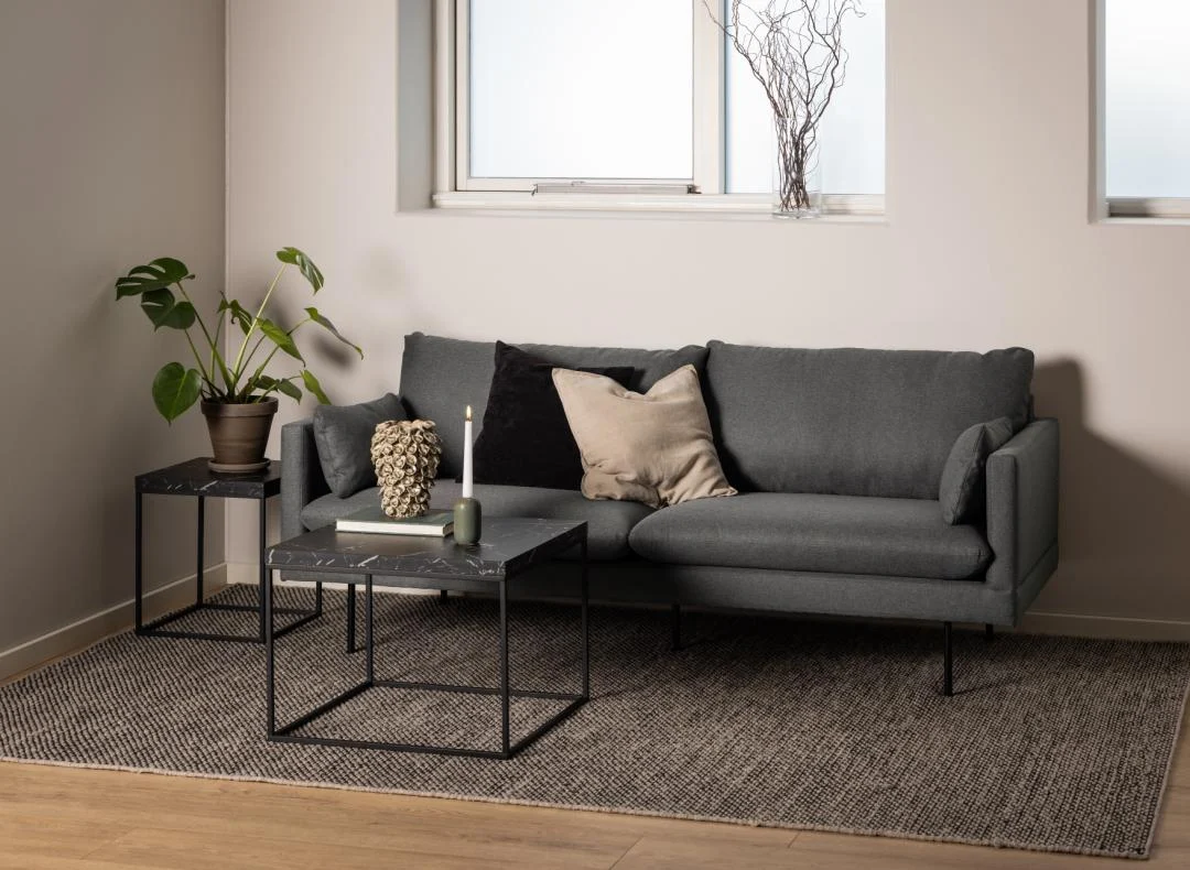 Een moderne woonkamer heeft een donkergrijze bank, neutrale kussens, twee Salontafel Zwart 60 x 60 CM Vierkant kunststof design bijzettafels met decoratieve items, een plant in pot en een vloerkleed met structuur op een houten vloer. Licht stroomt naar binnen door twee kleine ramen.