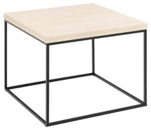 Een vierkante salontafel, de Salontafel Beige 60 x 45 CM Vierkant, heeft een beige kunststof (plastic) blad en een minimalistisch zwart metalen open kubusonderstel.