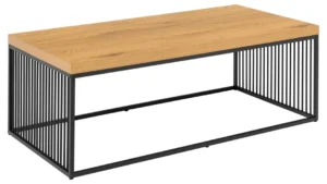 De Salontafel Zwart 60 x 42 CM Rechthoek heeft een modern, minimalistisch ontwerp met een licht eiken blad en een zwart metalen frame geaccentueerd door verticale zijbalken.