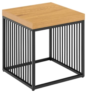 De Bijzettafel Zwart 40 x 40 CM Vierkant van Staal Design is een vierkante bijzettafel met een licht houten blad en een zwart metalen frame met verticale spijlen aan alle zijden.