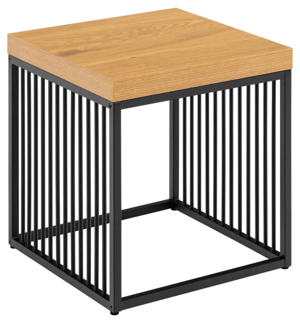 De Bijzettafel Zwart 40 x 40 CM Vierkant van Staal Design is een vierkante bijzettafel met een licht houten blad en een zwart metalen frame met verticale spijlen aan alle zijden.