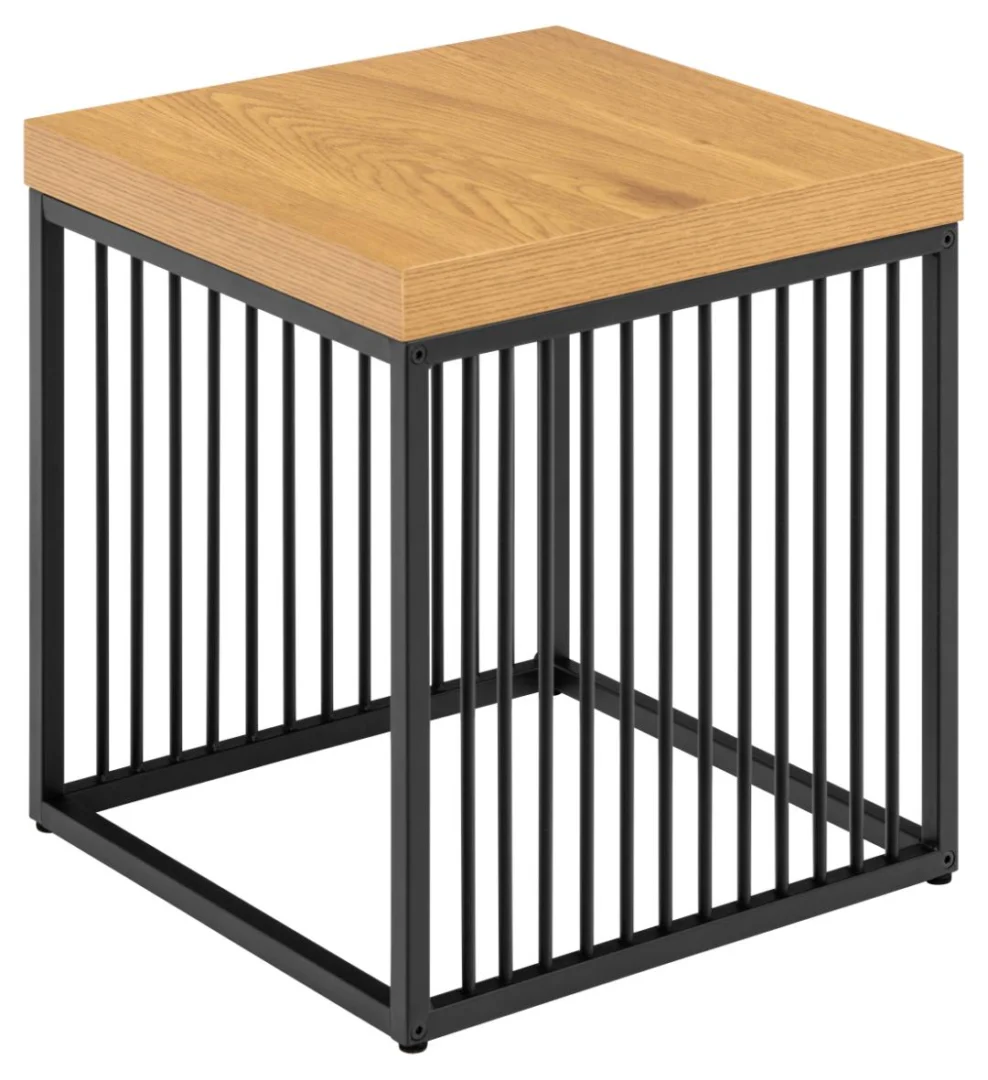 De Bijzettafel Zwart 40 x 40 CM Vierkant van Staal Design is een moderne bijzettafel met een vierkant houten blad en een zwart metalen frame met verticale spijlen aan alle vier de zijden.