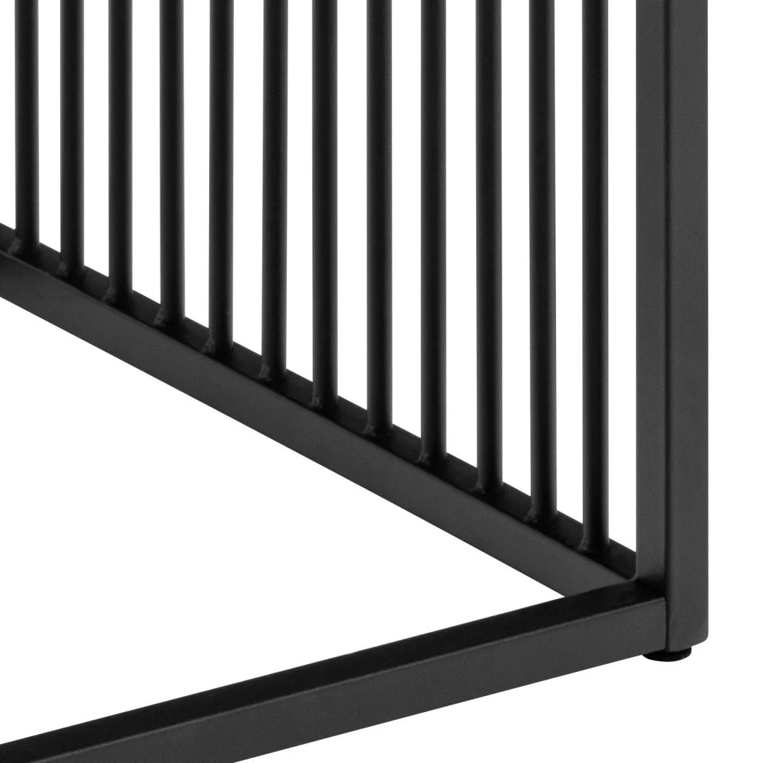Close-up van de hoek van de Bijzettafel Zwart 40 x 40 CM Vierkant van Staal Design, met het zwart metalen frame met verticale spijlen.