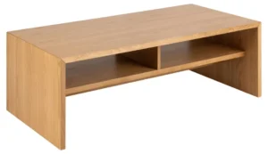 De Salontafel Roest 60 x 40 CM Rechthoek is een rechthoekige salontafel in eikenfineer, met een minimalistisch ontwerp en een open plank verdeeld in twee compartimenten onder het tafelblad.