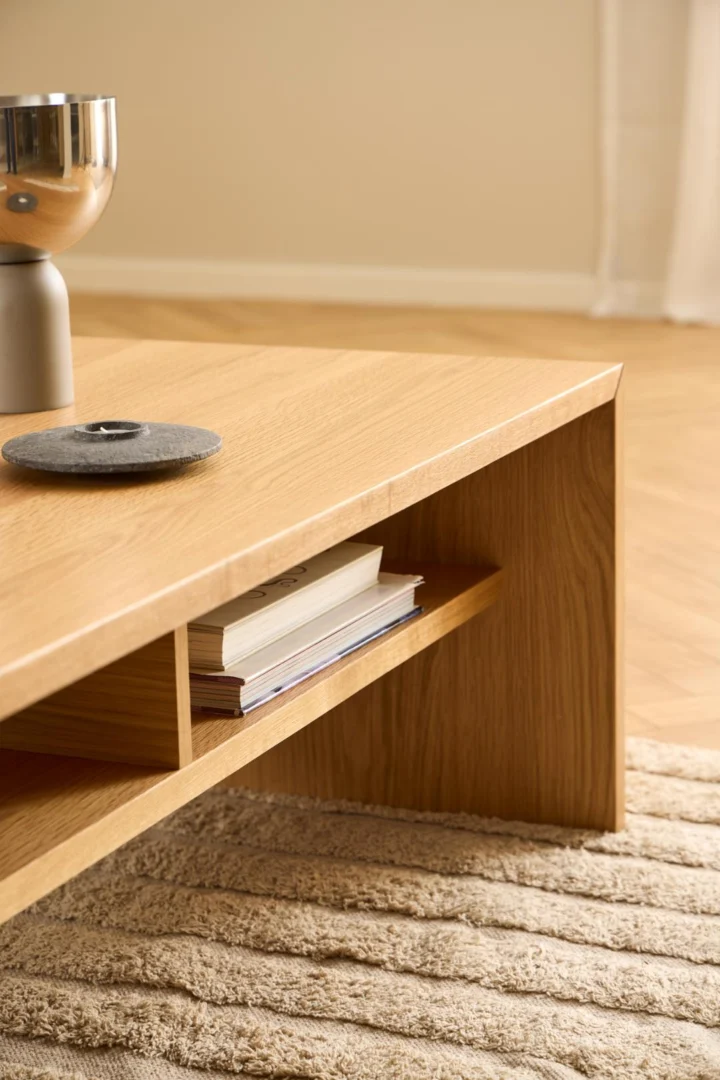 De Salontafel Roest 60 x 40 CM Rechthoek in eikenfineer heeft een onderste plank met boeken, een beige vloerkleed eronder en is afgewerkt met een zilveren beker en een ronde steen. De muren en vloer zijn neutraal van kleur.