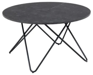 De Salontafel Zwart 80 CM Rond Kunststof is een compacte zwarte ronde tafel met dunne, kruisende metalen poten voor een moderne, minimalistische geometrische look.