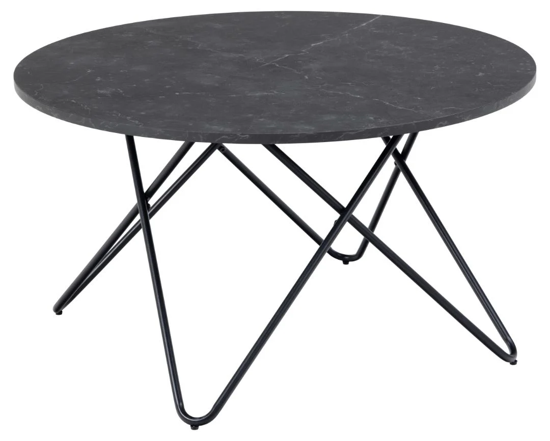 De Salontafel Zwart 80 CM Rond Kunststof is een compacte zwarte ronde tafel met dunne, kruisende metalen poten voor een moderne, minimalistische geometrische look.