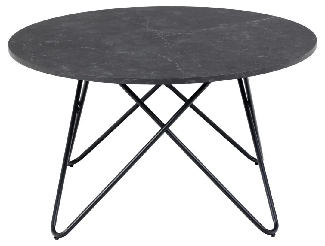 De Salontafel Zwart 80 CM Rond Kunststof is een compacte, ronde zwarte tafel met dunne, kriskras door elkaar staande zwarte metalen poten voor een moderne, minimalistische look.