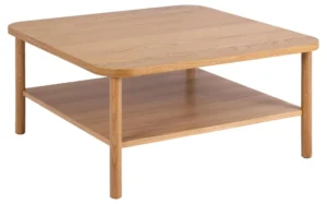 De Salontafel 90 x 42 CM Rond Eikenfineer is een ronde salontafel van eikenfineer met vier cilindrische poten, een open onderste plank voor opslag, een lichte houten afwerking en een eenvoudig, modern ontwerp.