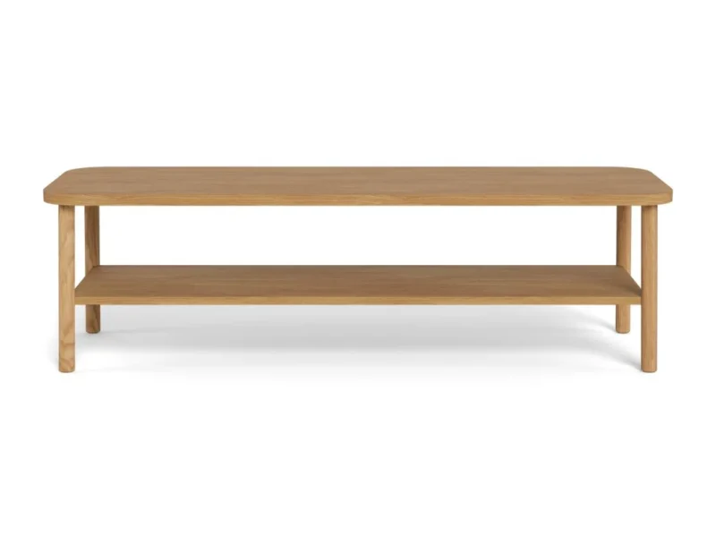 De Salontafel Roest is een ronde salontafel, 134 x 34 cm, gemaakt van eikenfineer, afgebeeld tegen een witte achtergrond.