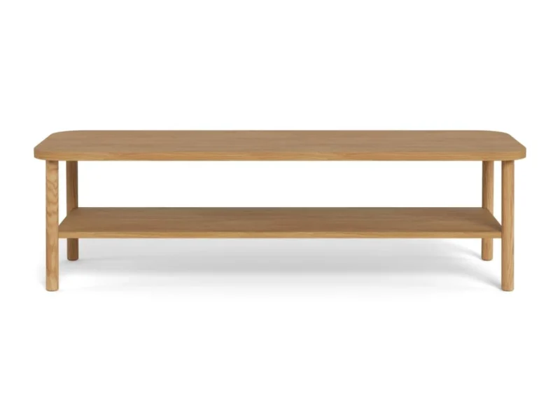 De Salontafel Roest is een ronde salontafel (134 x 34 cm) gemaakt van eikenfineer, met een minimalistisch ontwerp en een natuurlijke houten afwerking.