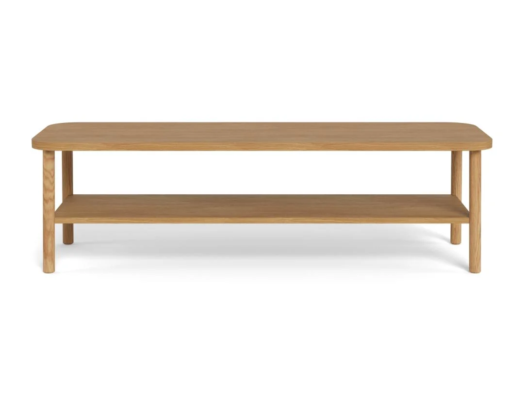 De Salontafel Roest is een ronde salontafel (134 x 34 cm) gemaakt van eikenfineer, met een minimalistisch ontwerp en een natuurlijke houten afwerking.