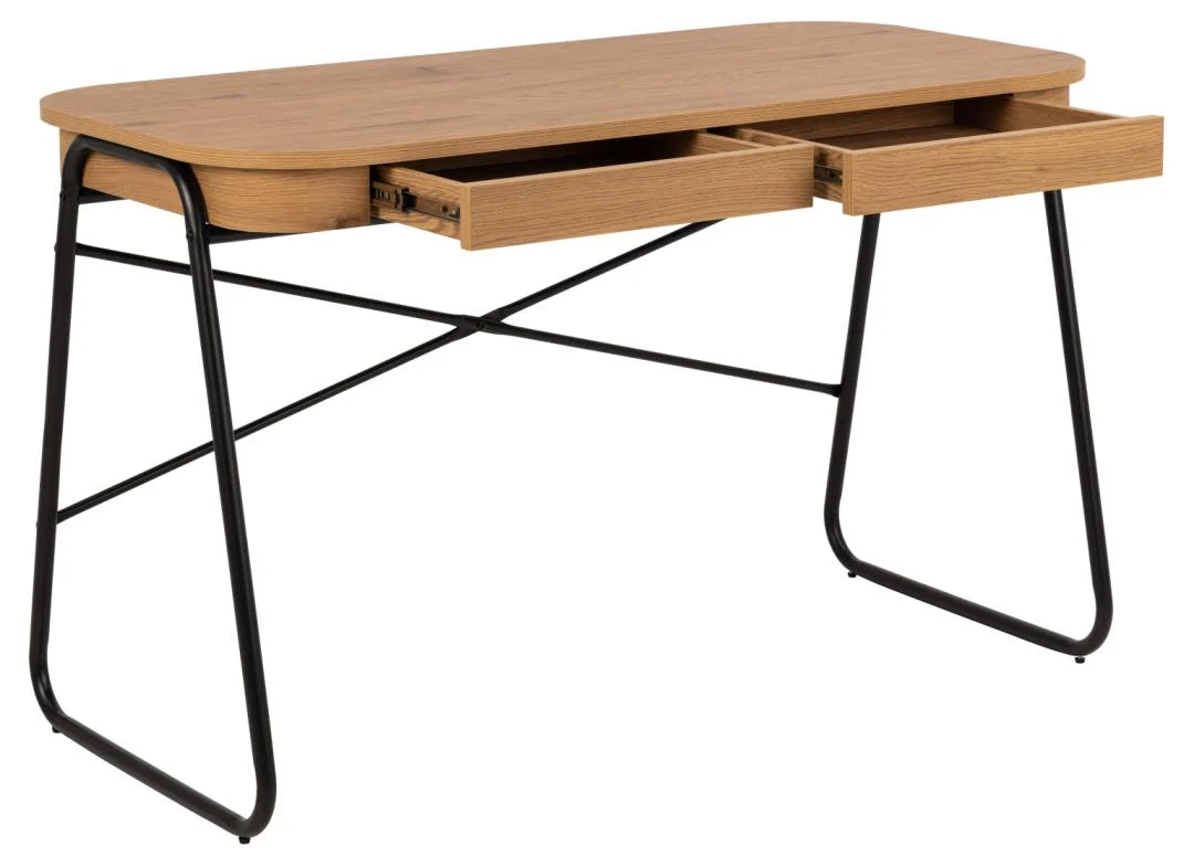 Industriële bureau 120x60 eikenlook met zwart metalen frame en 2 lades open.