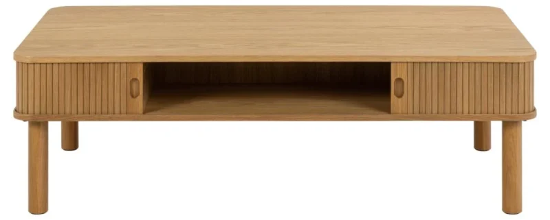 De Salontafel 70 x 40 CM Rond Eikenfineer heeft een rechthoekig ontwerp van eikenfineer met afgeronde hoeken, geribbelde schuifdeuren aan beide zijden, een open centrale plank en vier cilindervormige poten.