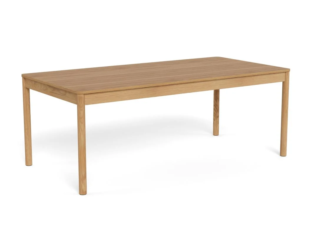 De Eettafel Nieuwe Sfeer is een ronde eiken eettafel (100 x 75 cm) met een glad oppervlak en vier rechte poten, afgebeeld tegen een effen witte achtergrond.