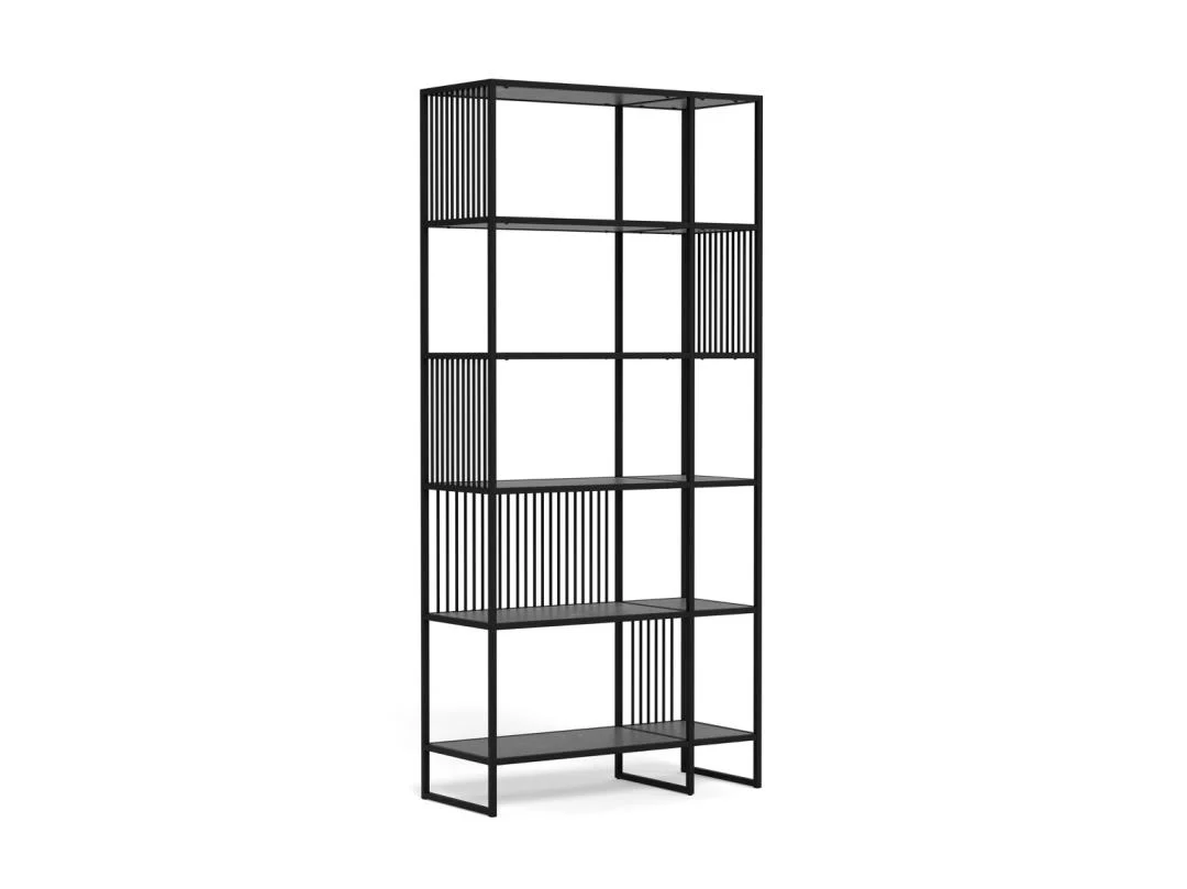 Rechthoekige, matzwarte metalen boekenkast met open vakken tegen een witte achtergrond. Het industriële design is strak en modern.