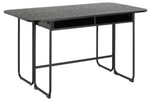 De Eettafel Nieuwe Sfeer heeft een modern zwart rechthoekig MDF tafelblad (80 x 77 cm), twee open opbergvakken eronder en vier stalen poten verbonden door horizontale stangen voor extra ondersteuning.